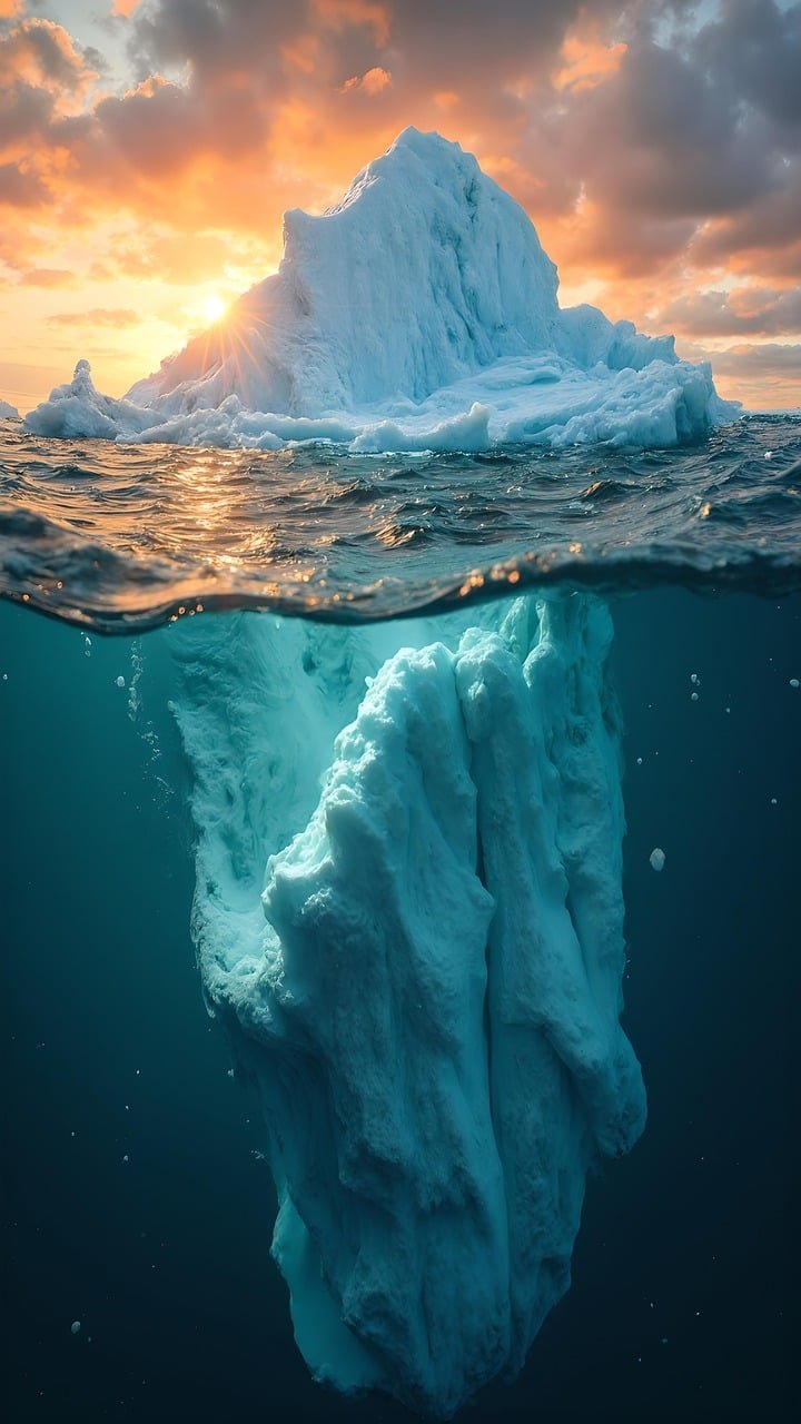 Eisberg mit dem weitaus größeren Teil unter der Wasseroberfläche, Sinnbild für das Unterbewusstsein